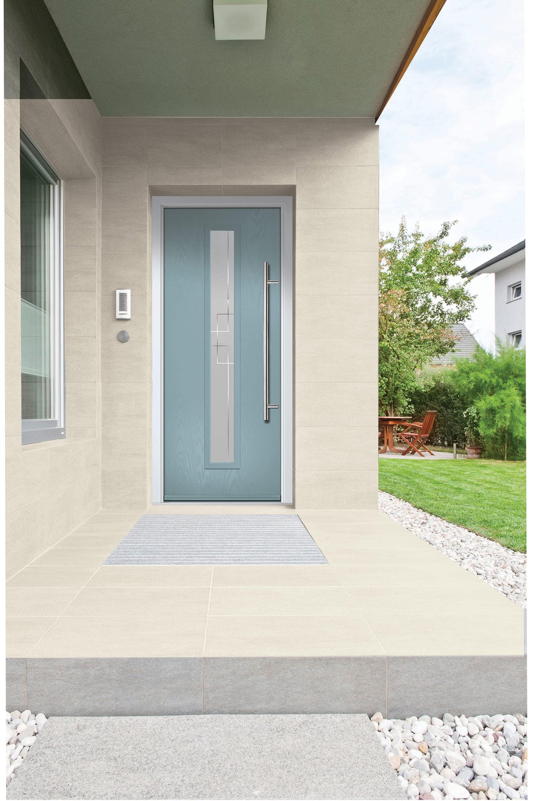 Blue-grey aluminium front door with a glazed sidelight