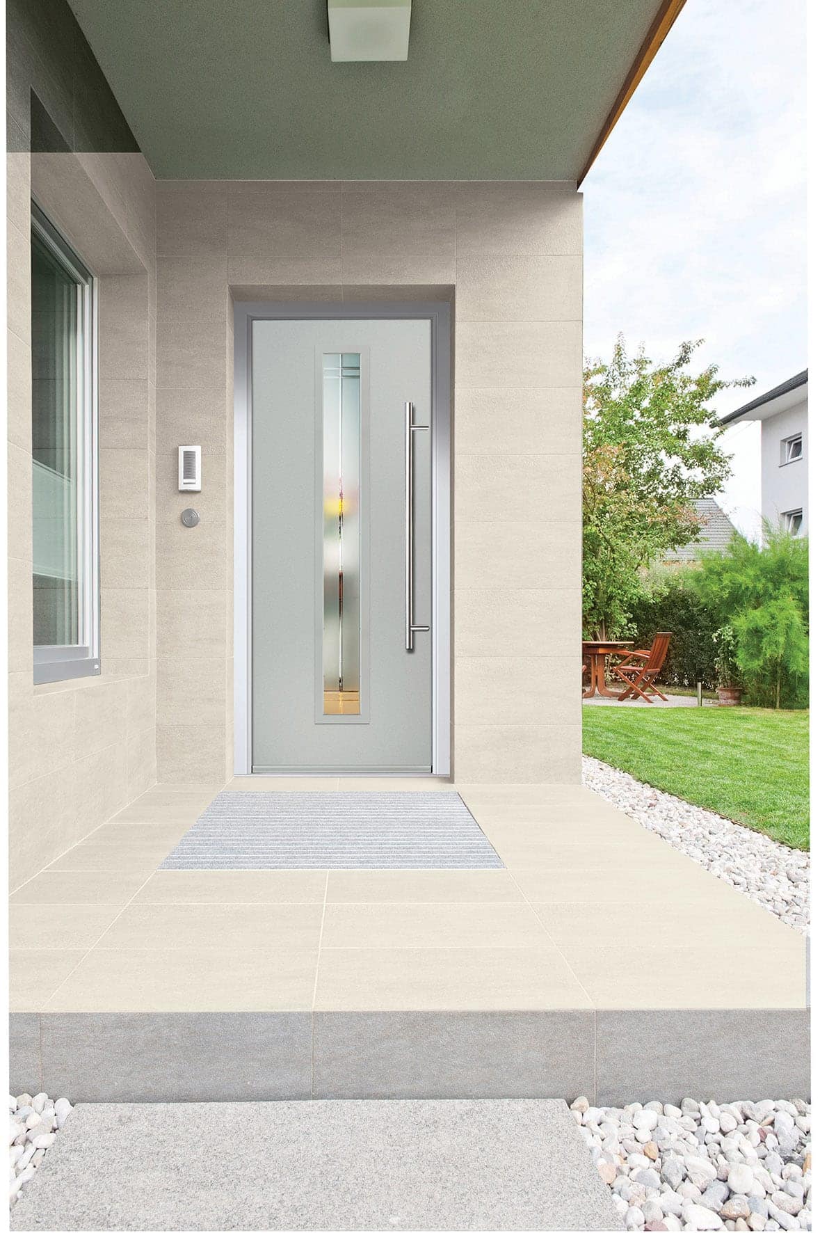 Grey aluminium front door on a modern home