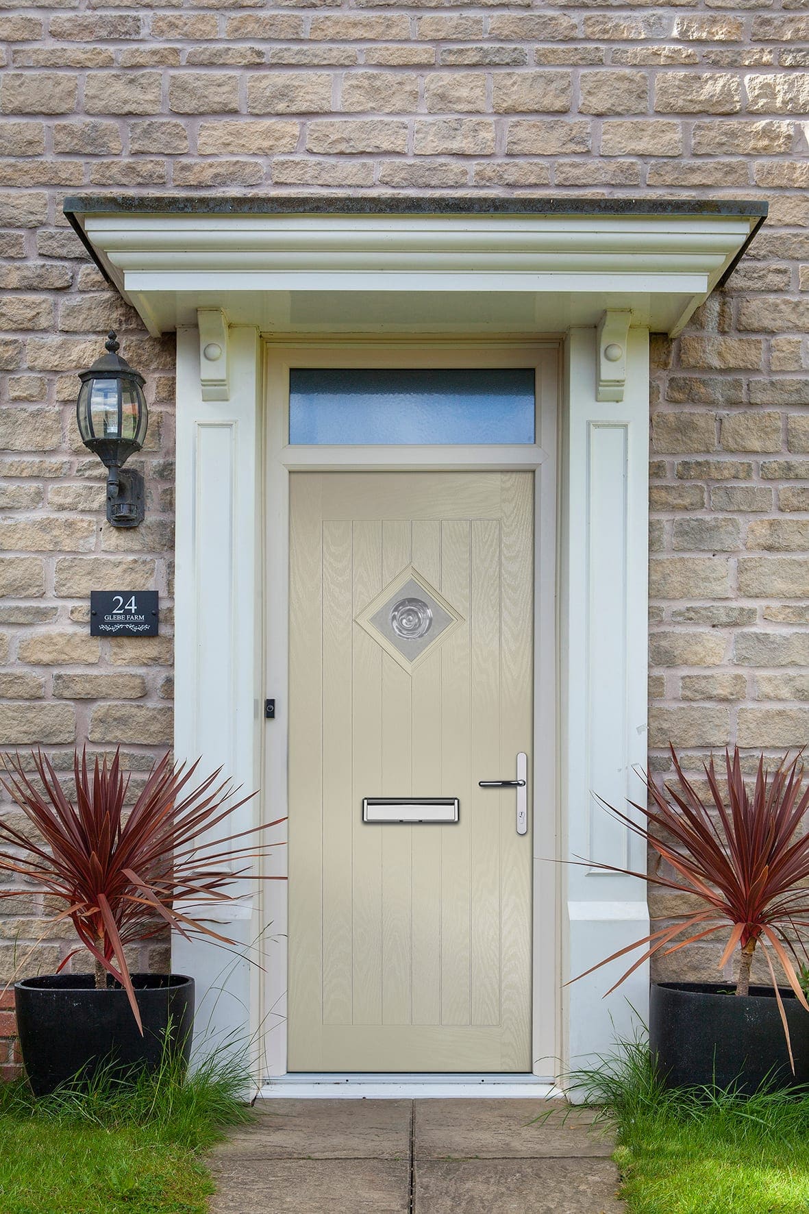 Cream composite front door with a diamond glazed panel