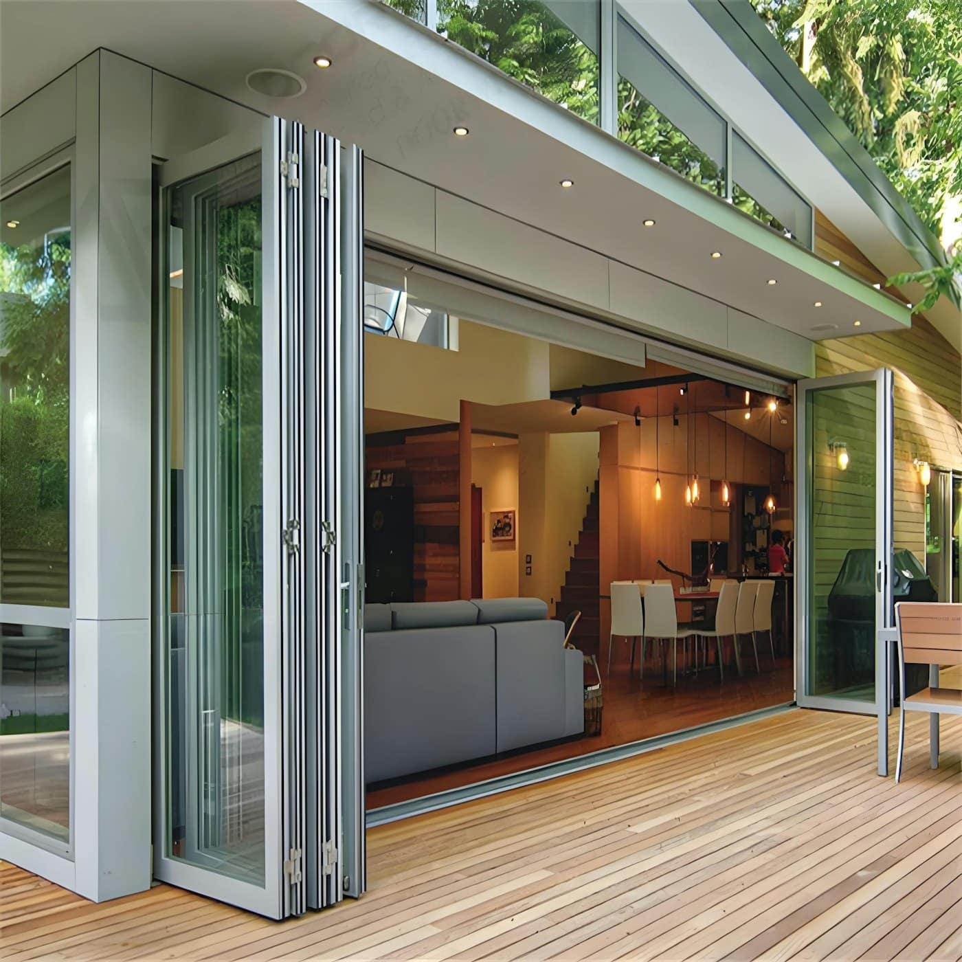 Aluminium bi-fold doors folded open onto a timber deck