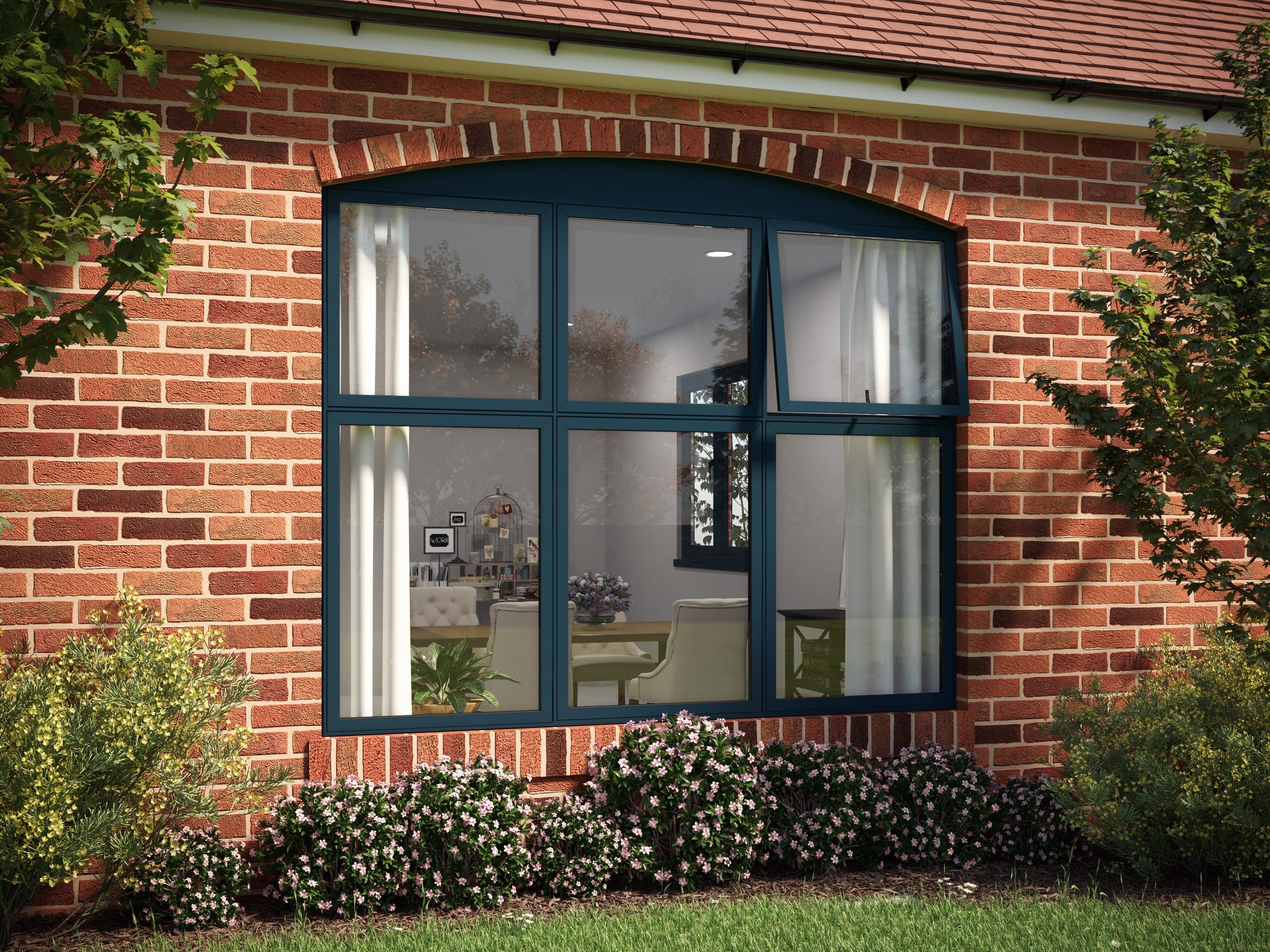 Navy-blue bay window on a red-brick house