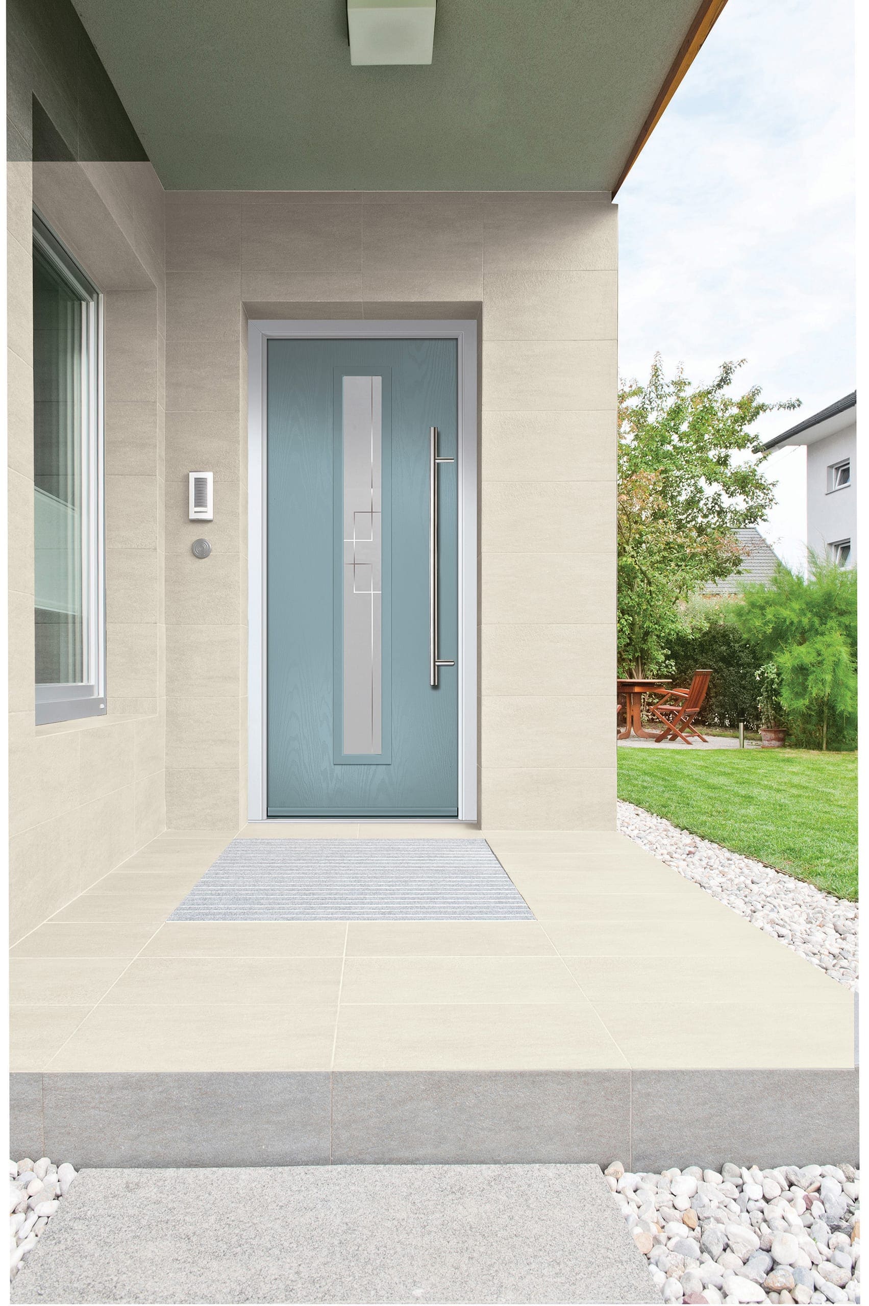 Blue-grey aluminium front door with a glazed sidelight