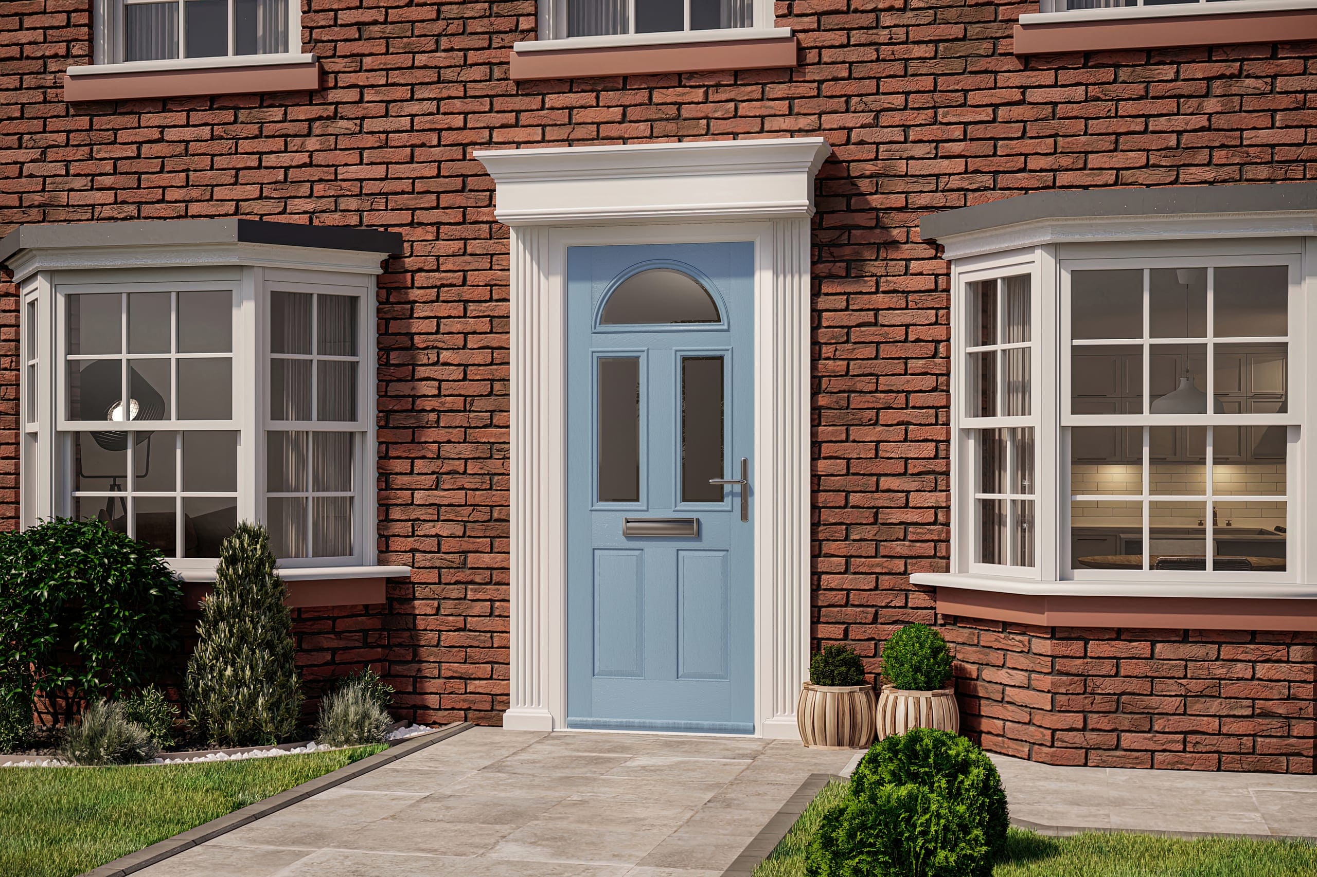Duck-egg blue composite front door on a brick house