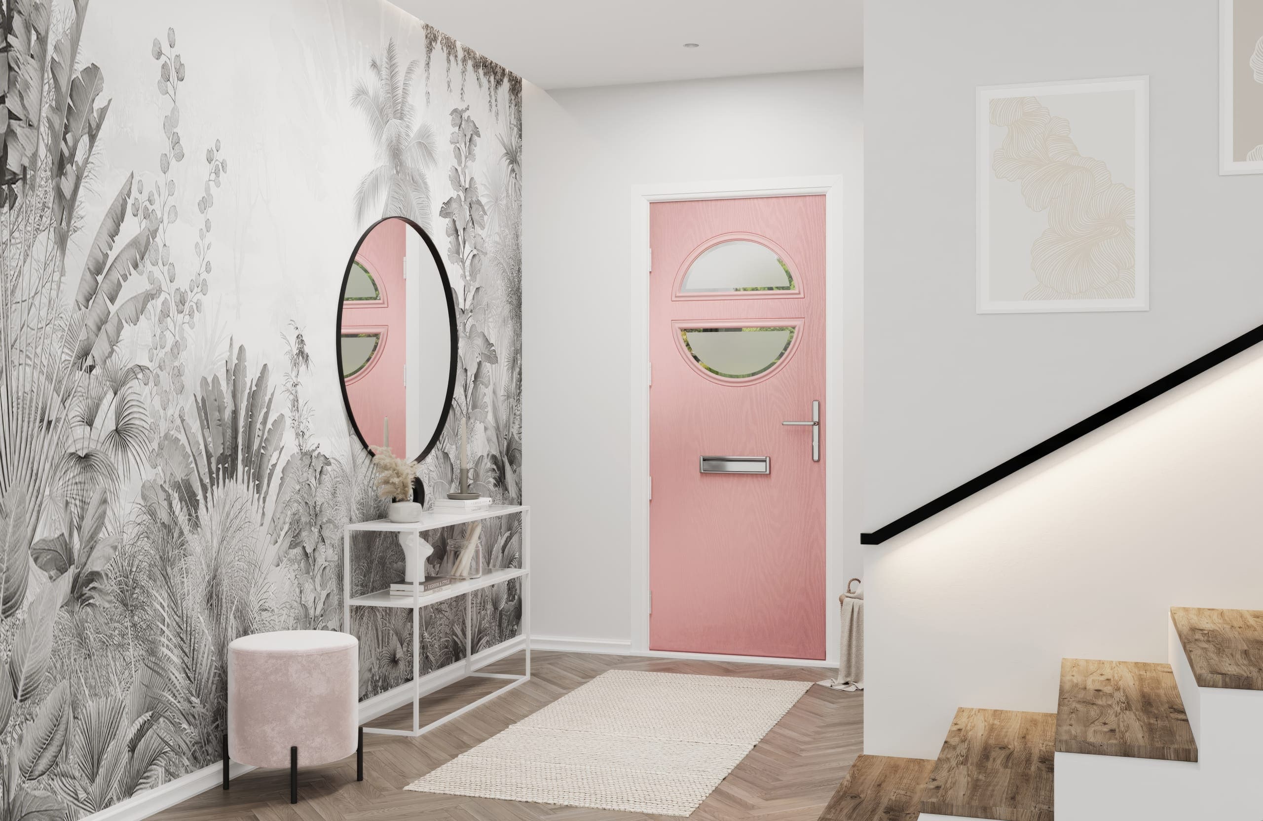 Contemporary front door in a styled hallway