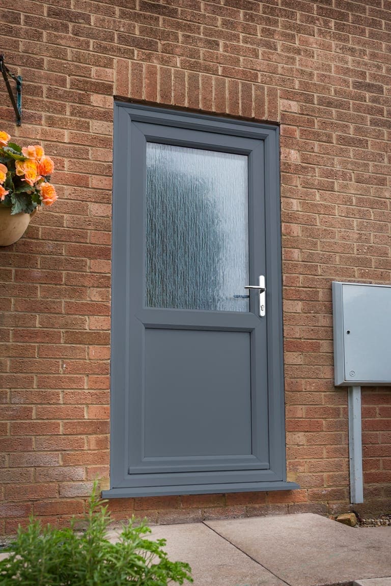Grey uPVC door with an obscure-glazed panel