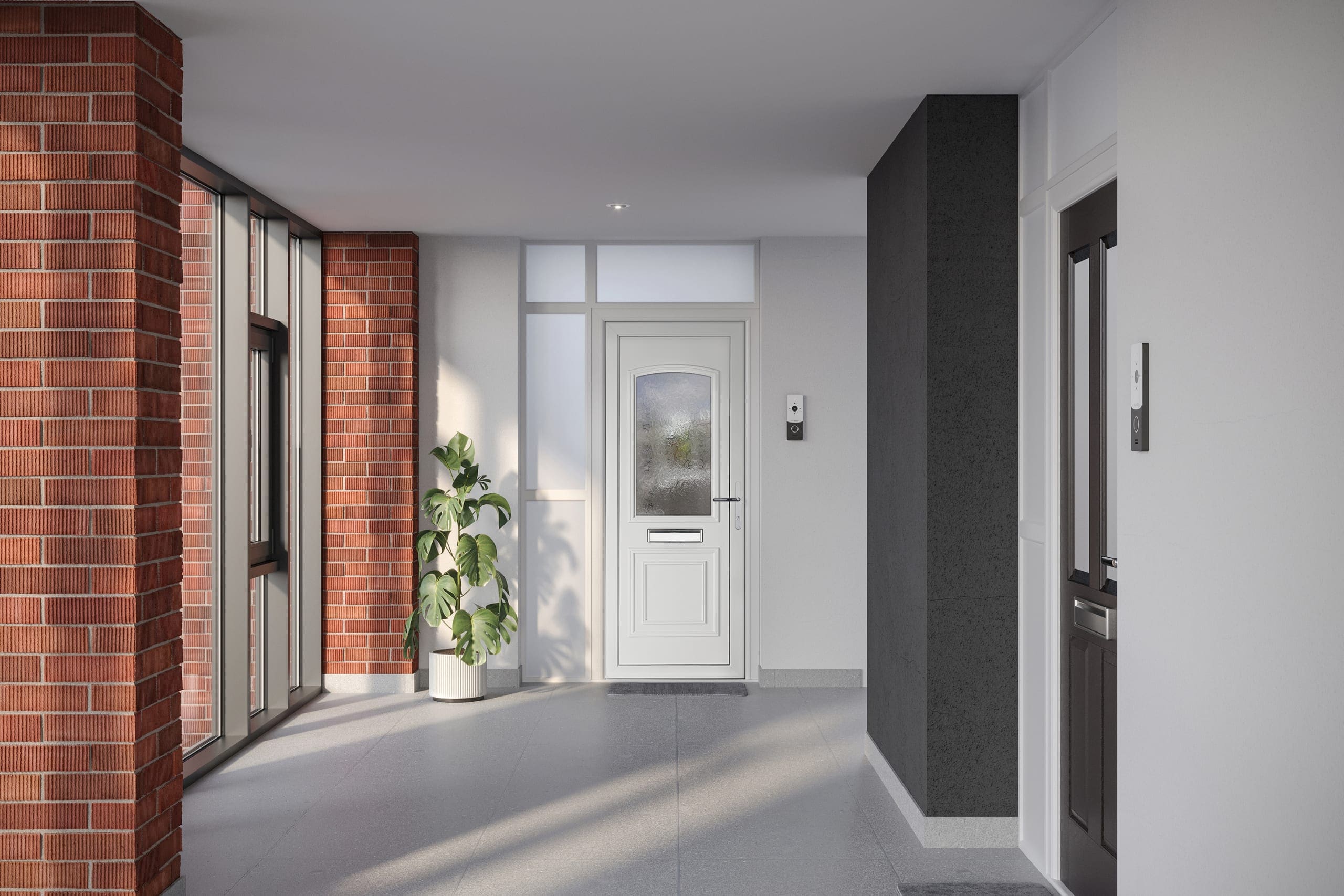 White contemporary front door in a modern hallway