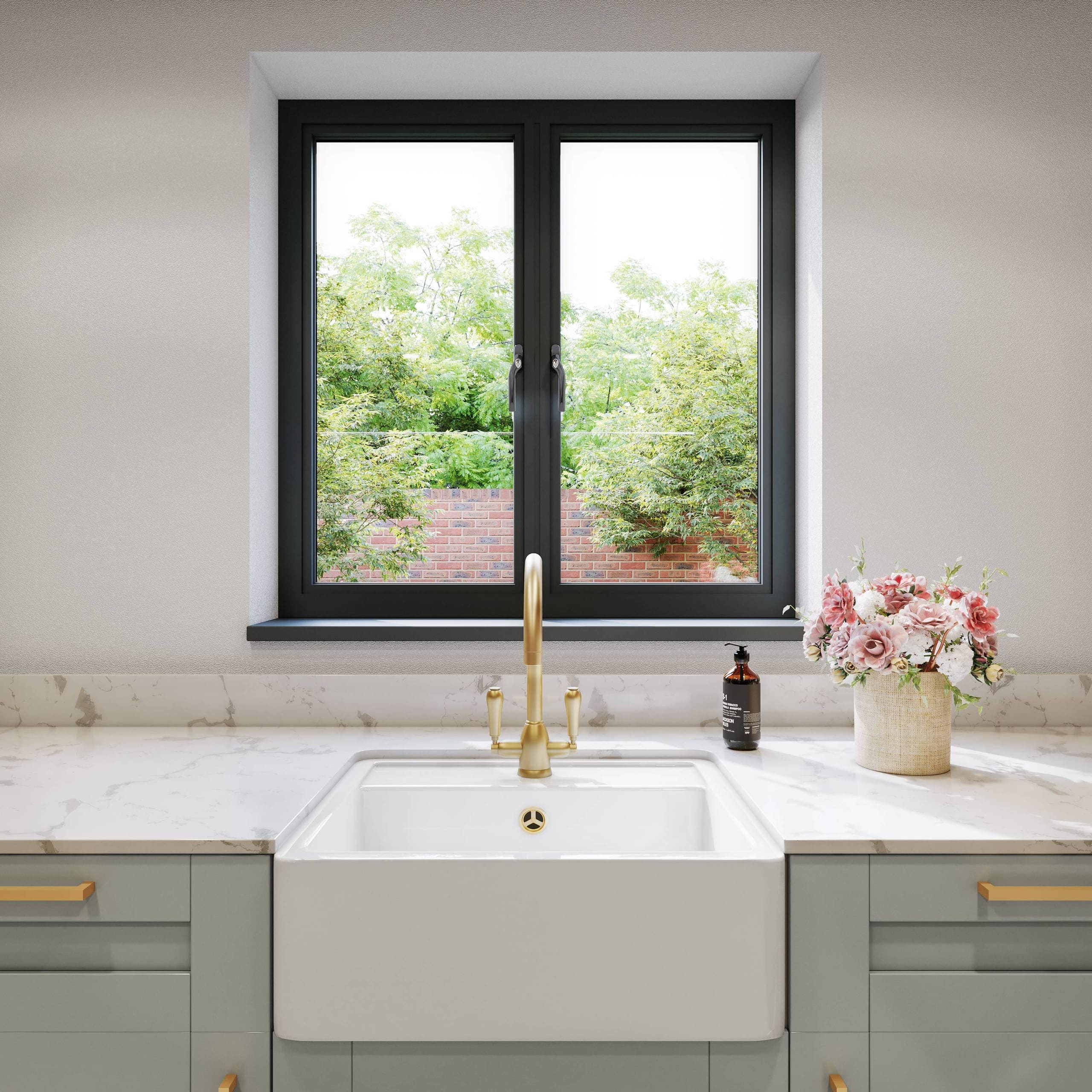 Grey aluminium window above a marble kitchen worktop