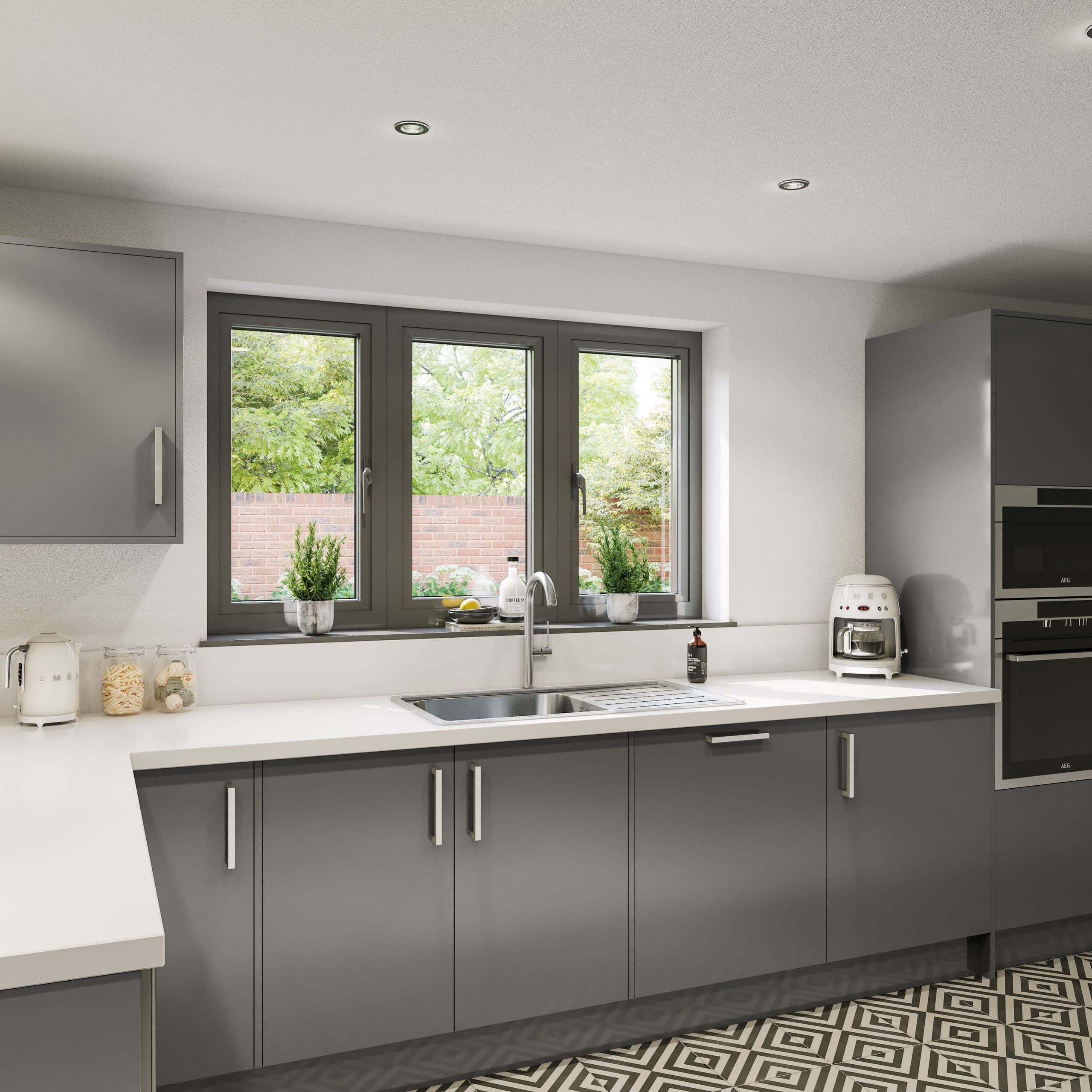 Anthracite aluminium window over a kitchen sink
