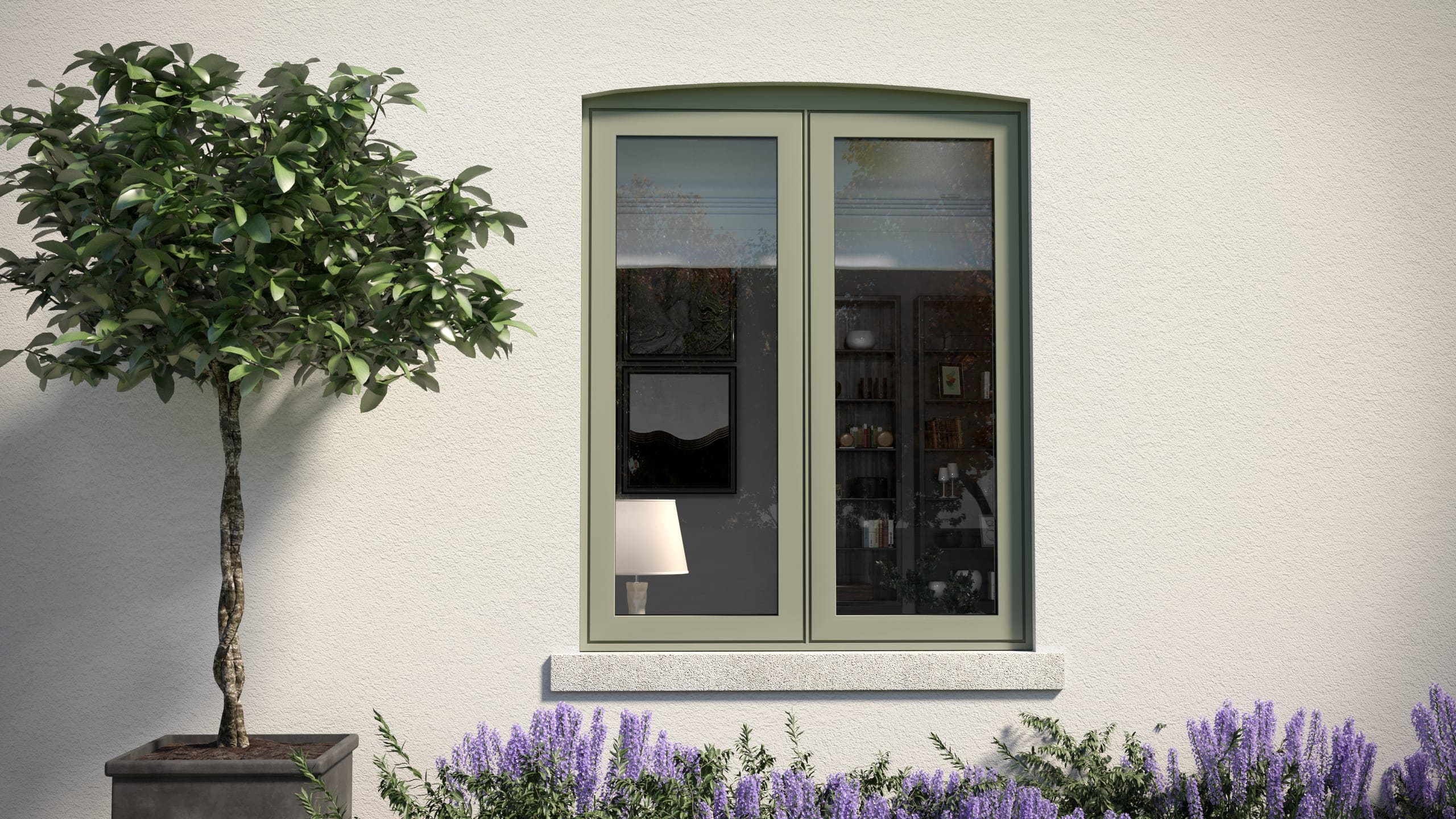Sage-green uPVC flush casement window with a planter